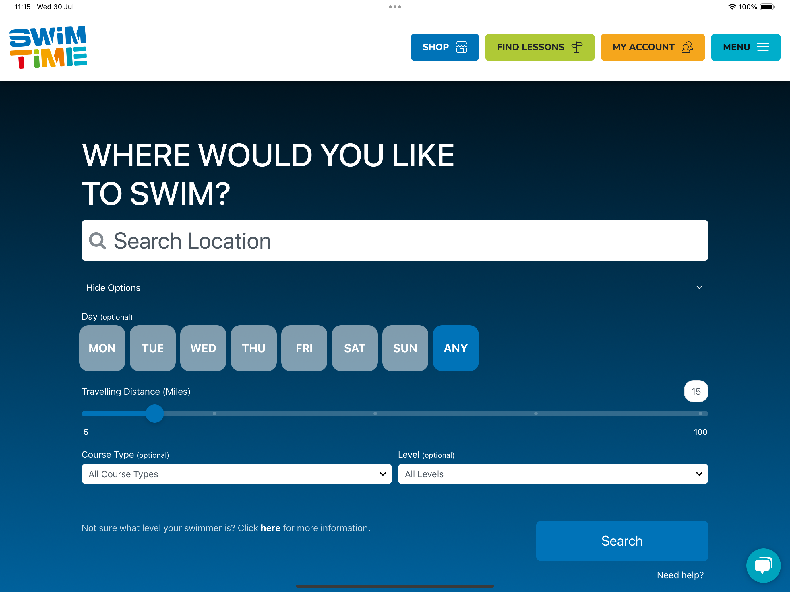 Screenshot of the Lesson Finder embedded in the Swimtime Website Screenshot of the Lesson Finder embedded in the Swimtime Website
