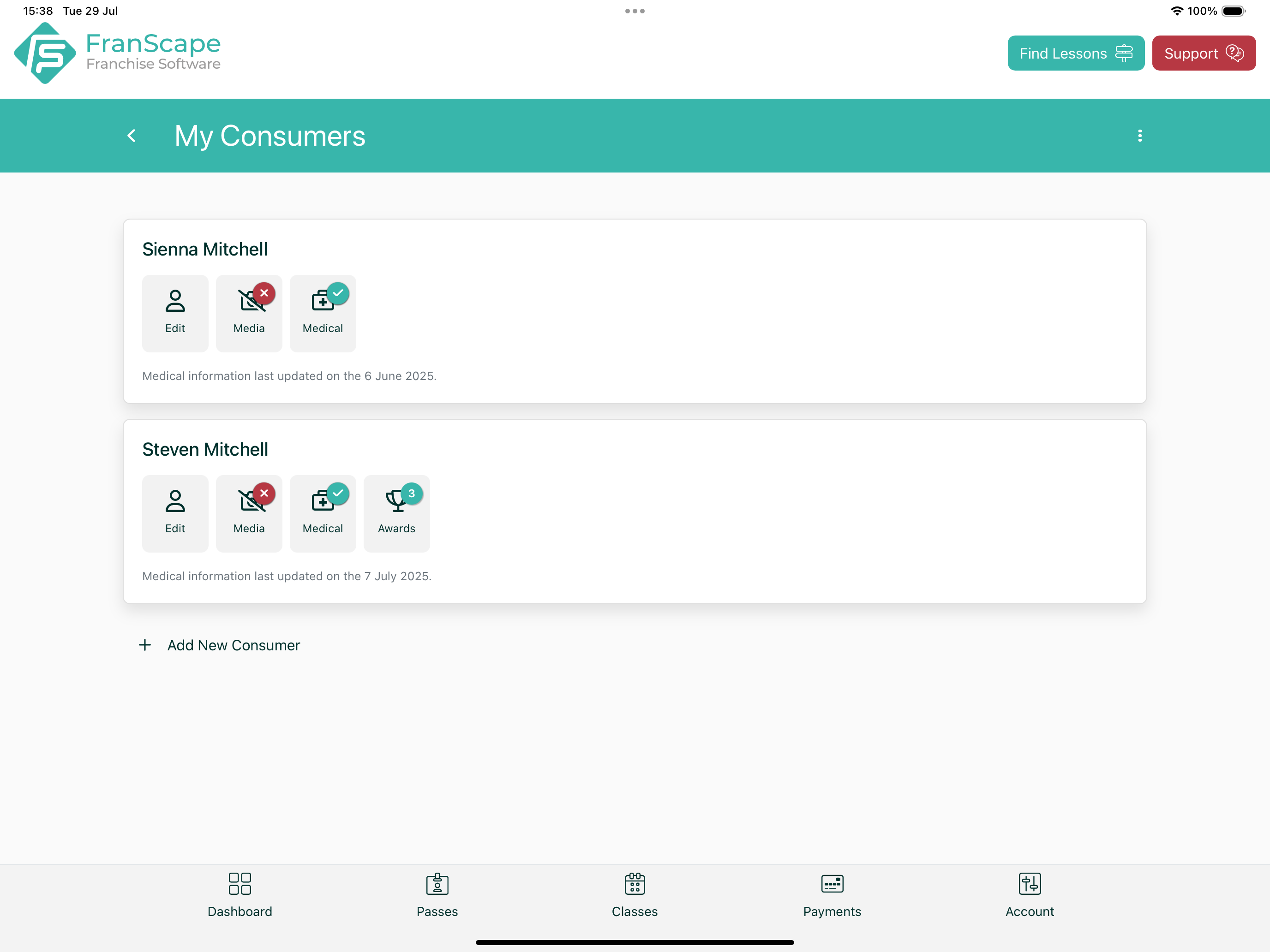 Screenshot of the Consumer View in the Franscape 'Parents App' Screenshot of the Consumer View in the Franscape 'Parents App'