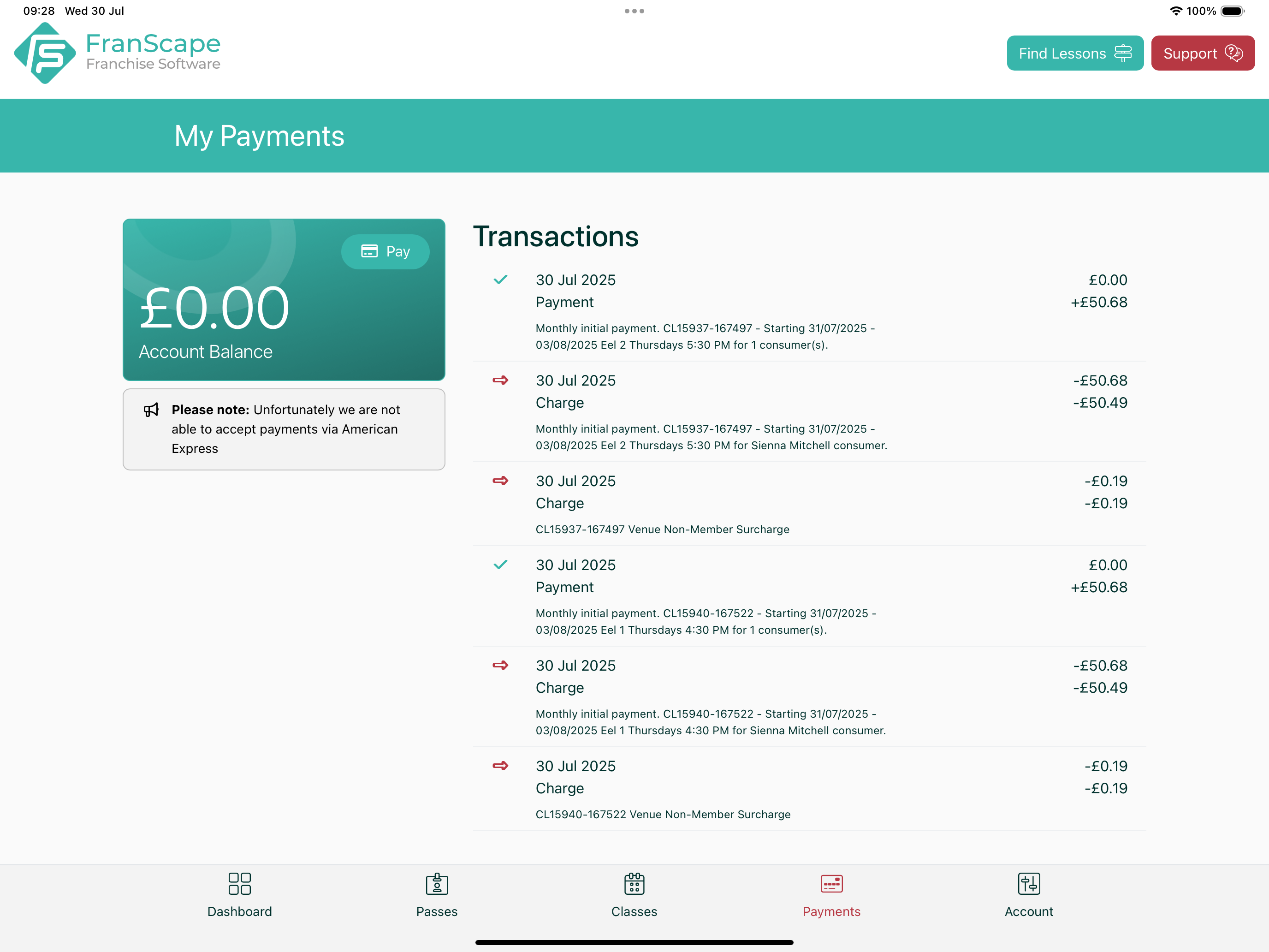 Screenshot of transactions view in the Franscape Customer Portal Screenshot of transactions view in the Franscape Customer Portal