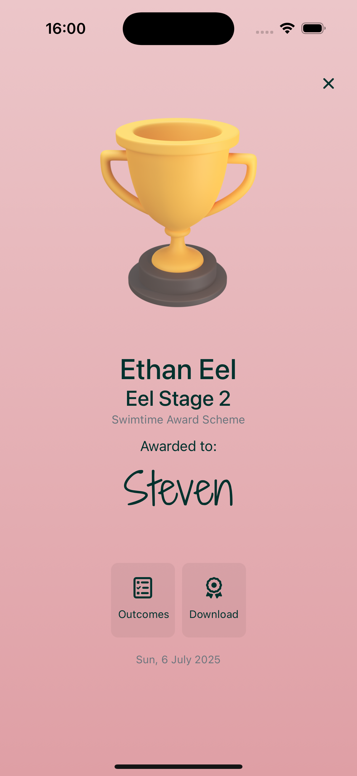 Screenshot of a child's award in the Franscape 'Parents App' Screenshot of a child's award in the Franscape 'Parents App'